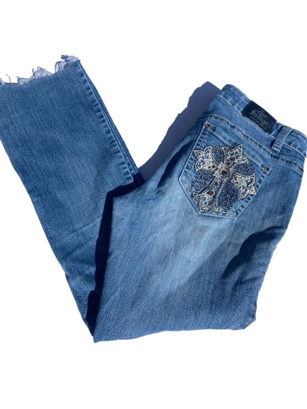 Vintage Y2K Blue Denim Jeans Cross Rhinestones Size Women’s 10 2000’s Raw Hem